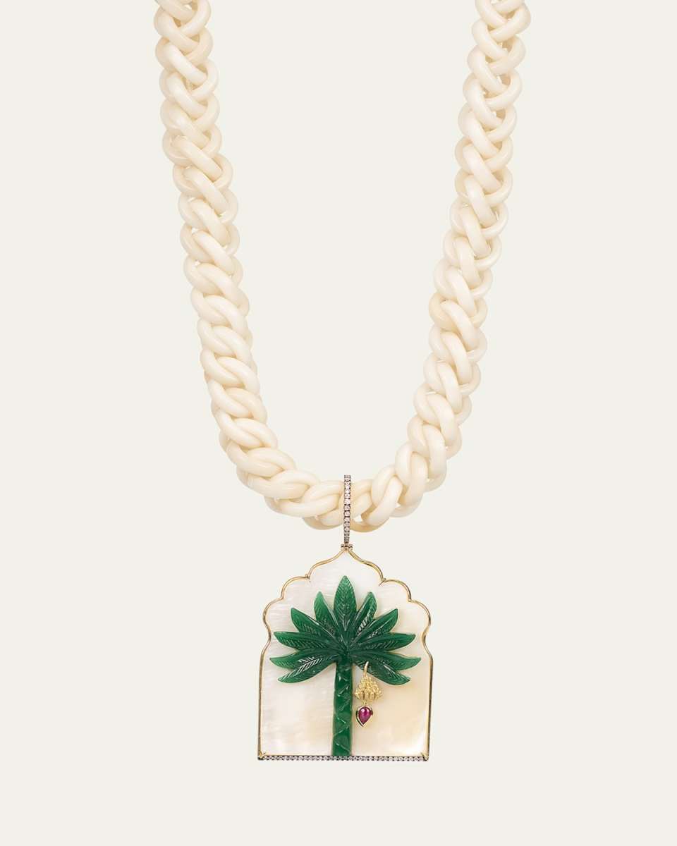 Mother of Pearl Window Pendant Necklace with Diamonds, Ruby and Green Quartz Palm Tree